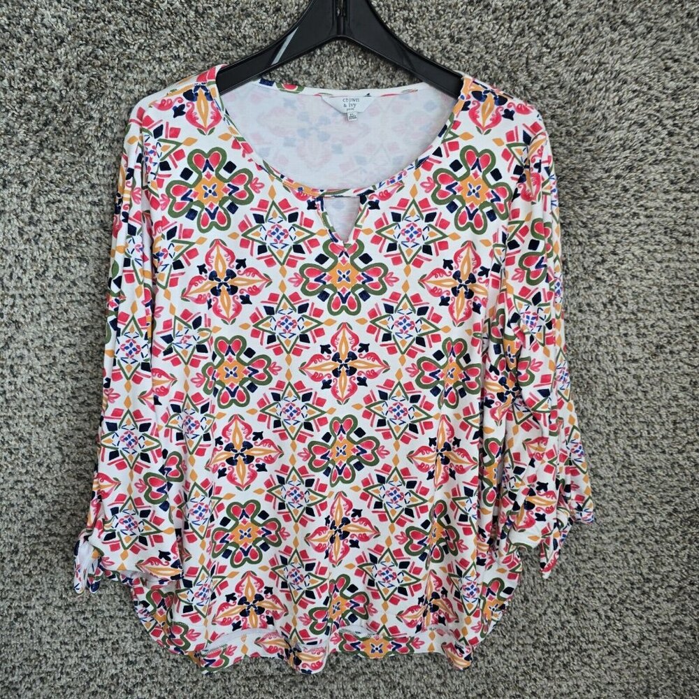 Crown & Ivy Top Womens PL Petite Large Pink Printed Keyhole‎ Neck Bell Sleeve